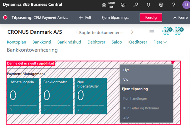 Personalisering i Business Central via tandhjulet — flyt og skjul felter