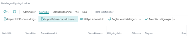Betalingsudligningskladde i Business Central med Importér banktransaktioner