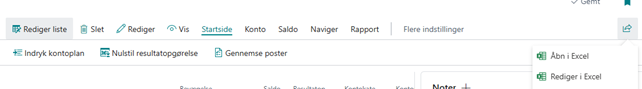 Åbn i Excel og Rediger i Excel-genvejen på en liste i Business Central