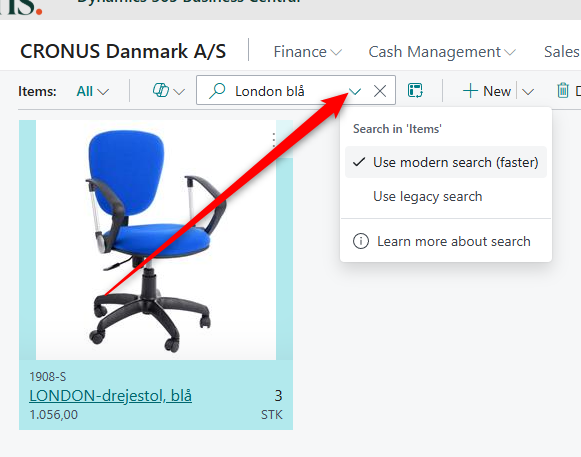 Dropdown i Business Central soegefeltet med valg mellem modern og legacy search
